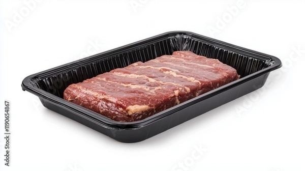 Fototapeta Ground beef displayed in black plastic tray on a pristine white surface for culinary inspiration and meal preparation