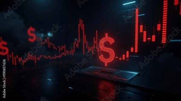 Fototapeta Dynamic Visual Representation of Financial Market Trends with Glowing Dollar Symbols and Data Analytics