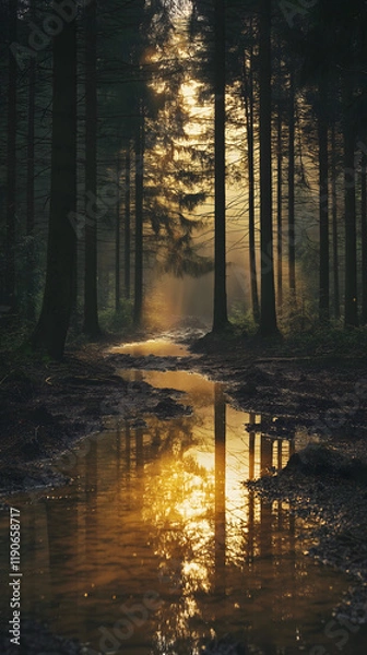 Fototapeta Sunset Over a Misty Forest Path with Pine Trees and Reflections on a Calm River, Creating a Serene and Magical Autumn Landscape at Golden Hour