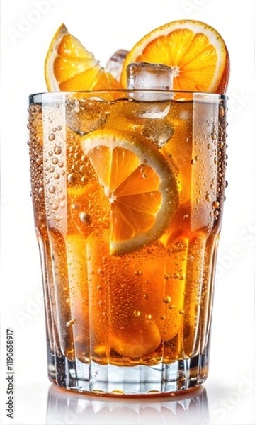 Fototapeta Vibrant Glass of Ice Cold Beverage with Dew and Refreshing Moisture – Summer Refreshment With Ice Cubes Isolated on a White Background