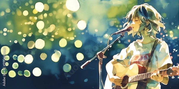 Fototapeta 思いの丈を歌に乗せて歌い叫ぶロックバンドの女性。少女。イラスト。水彩画。バナー背景。挿絵。
