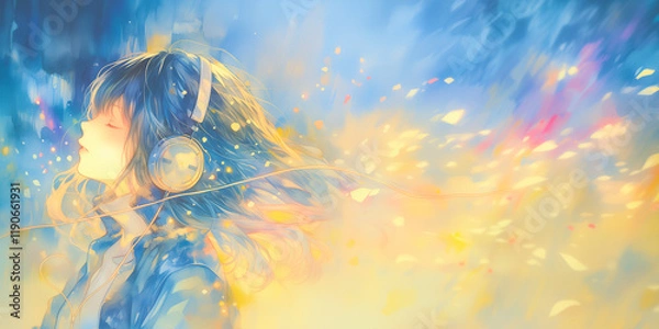 Obraz 音楽に浸る女性。少女。イラスト。水彩画。バナー背景。挿絵。