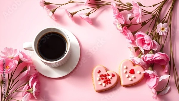 Fototapeta A romantic arrangement featuring a cup of black coffee, heart-shaped cookies with pink icing and sprinkles, and delicate pink flowers beautifully framing the scene on a pastel pink background. AI-gene