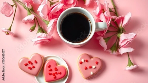 Fototapeta A cozy arrangement featuring a cup of black coffee, heart-shaped cookies with pink icing and sprinkles, and fresh pink flowers, set on a pastel pink background. AI-generated content.