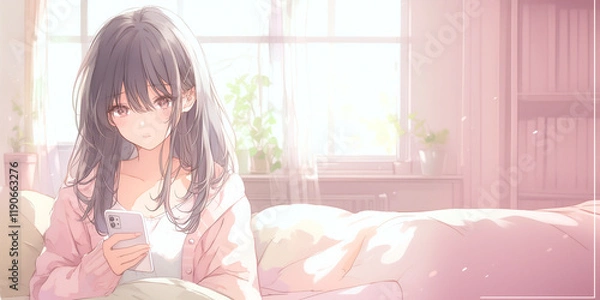 Obraz 思いを寄せている人からの返信を待ってスマホが手放せない女性。少女。イラスト。水彩画。バナー背景。挿絵。