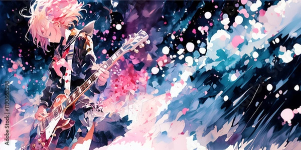 Obraz 思いの丈を歌に乗せて歌い叫ぶロックバンドの女性。少女。イラスト。水彩画。バナー背景。挿絵。