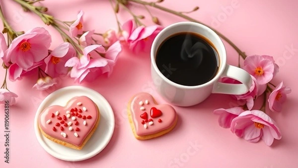 Fototapeta A romantic setup featuring a cup of black coffee, heart-shaped cookies decorated with pink icing and sprinkles, and fresh pink flowers on a pastel pink background. AI-generated content.