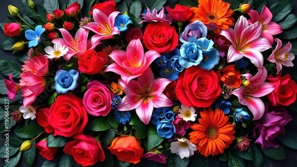 Fototapeta A vibrant floral arrangement featuring red roses, pink lilies, blue and orange blooms, and lush green leaves, creating a colorful and stunning display of nature’s diversity. AI-generated content.