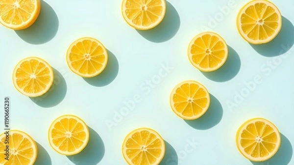 Fototapeta Bright yellow lemon slices scattered across a pastel blue background with soft shadows, creating a fresh and vibrant summer aesthetic. AI-generated content.