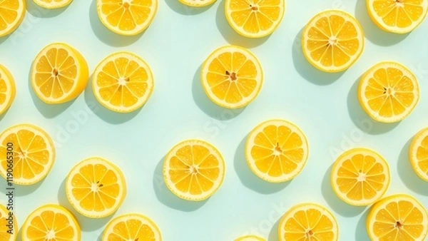 Fototapeta A seamless pattern of vibrant yellow lemon slices scattered across a pastel blue background, evoking a fresh and summery vibe. AI-generated content.