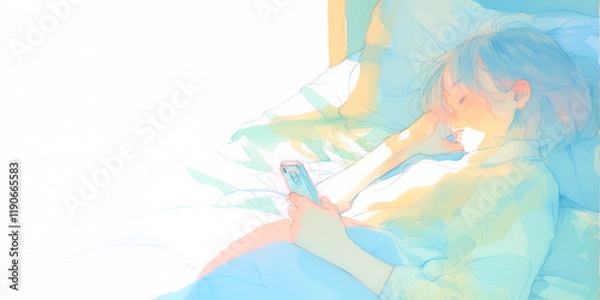 Obraz 思いを寄せている人からの返信を待ってスマホが手放せない女性。少女。イラスト。水彩画。バナー背景。挿絵。