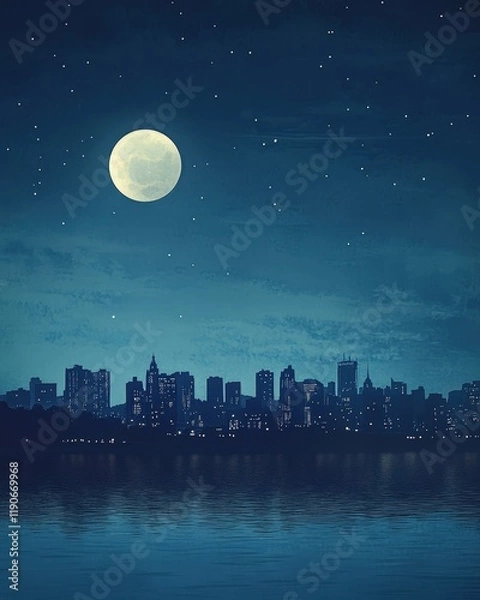 Fototapeta A serene night cityscape featuring twinkling lights, a full moon, and a silhouette of a skyline