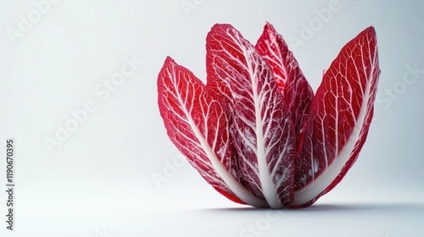 Fototapeta Red cabbage rests elegantly on a white surface, showcasing its intricate leaf structure and vibrant color