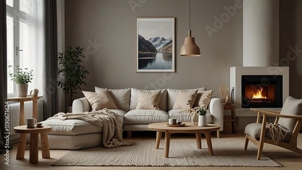 Fototapeta Cozy living room interior, Scandinavian style. Wooden furniture and elegant.