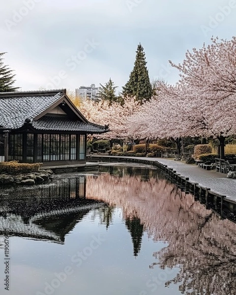 Fototapeta A serene photo of a public garden during spring, with cherry blossoms lining the pathways