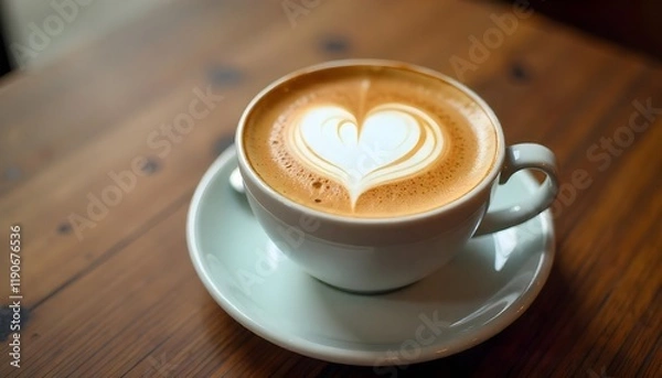 Fototapeta A cup of coffee with heart-shaped latte art on a wooden table.