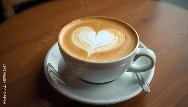 Fototapeta A cup of coffee with heart-shaped latte art on a wooden table.