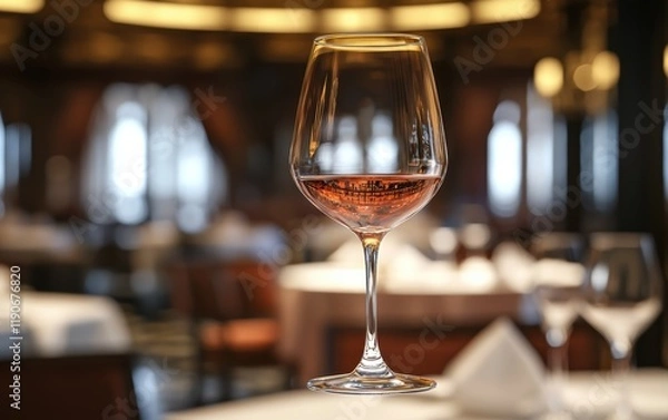 Obraz A glass of red wine hovering gracefully in mid-air, set against a blurred fine-dining restaurant background