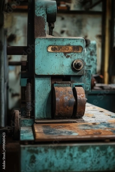 Fototapeta A serene photo of an old printing press with weathered metal plates and worn rollers