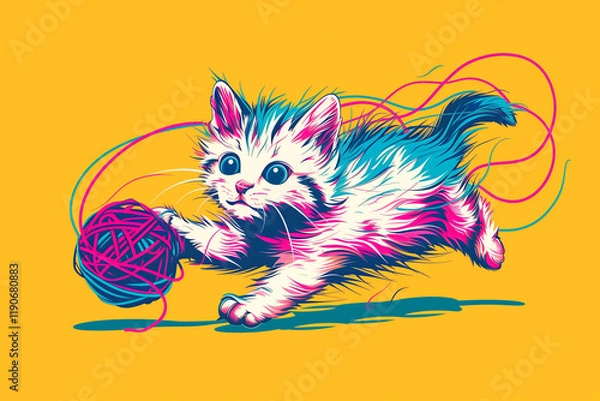 Fototapeta Fluffy kitten chasing colorful ball of yarn in playful expression - cartoon vector