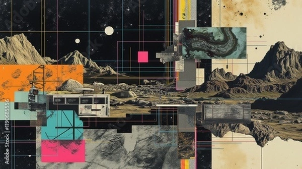 Fototapeta Minimalist print style collage poster, Abstract grunge backdrop, Retro futuristic graphic design style.