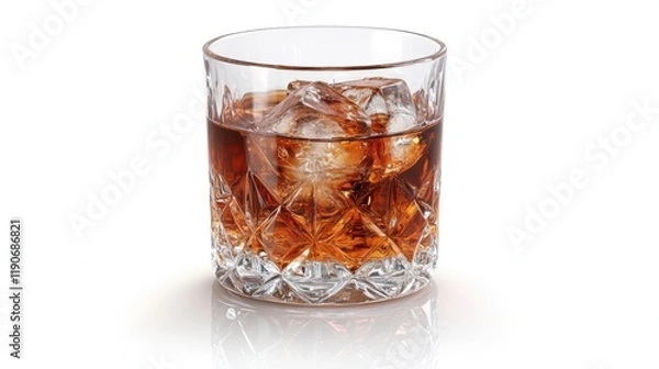 Fototapeta Glass of Refreshing Beverage with Ice Cubes on White Background