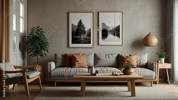 Fototapeta Cozy living room interior, Scandinavian style. Wooden furniture and elegant.