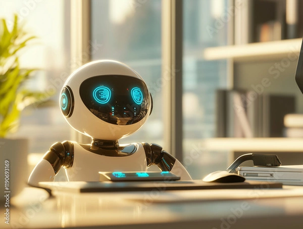 Fototapeta A smart humanoid robot with advanced artificial intelligence, reaching out to touch a glowing holographic digital interface