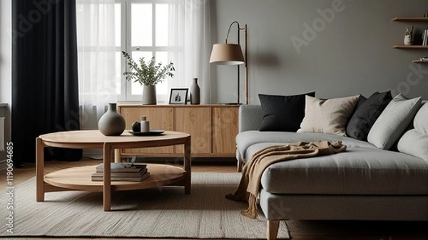 Fototapeta Cozy living room interior, Scandinavian style. Wooden furniture and elegant.