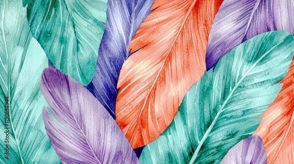 Fototapeta Vibrant Watercolor Feathers in Turquoise, Purple, and Coral Colors for Use in Design Projects and Backgrounds