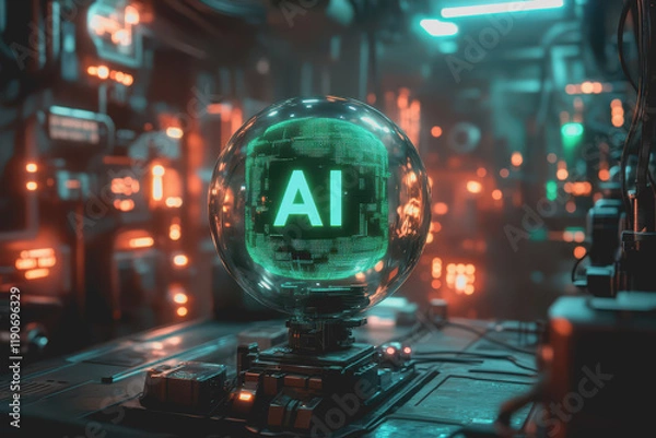 Obraz A green hologram of the word “AI” floats in front of you, surrounded by a futuristic cityscape.