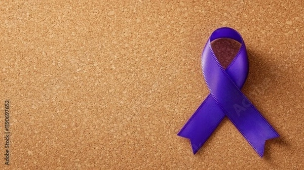 Fototapeta Elegant Purple Ribbon on a Textured Cork Background Symbolizing Awareness, Support, and Hope for Various Causes Including Domestic Violence and Alzheimer’s Research