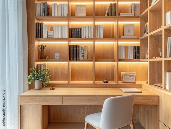 Fototapeta a Nordic-inspired home office with a clean, simple desk and a sleek minimalist chair with built-in bookshelves