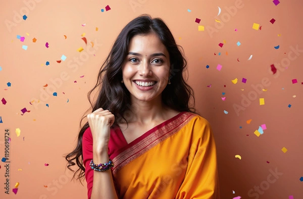 Fototapeta Happy successful young indian woman in a saree, celebrating with her fist raised, isolated on a solid background with confetti