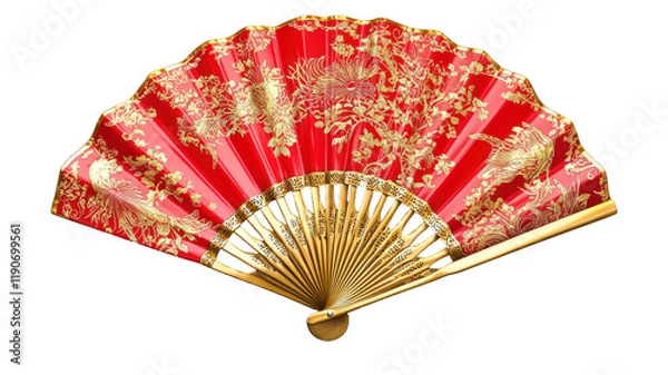Fototapeta Elegant red and gold hand fan with intricate peacock and floral design, isolated on white background. Perfect for adding an Asian or Chinese cultural element to your designs.