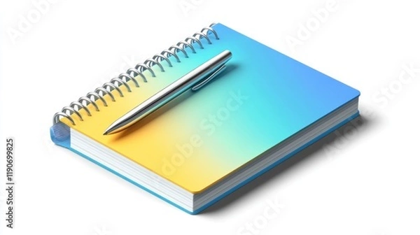 Fototapeta Spiral notepad with pen; gradient blue and yellow cover, isolated on white.