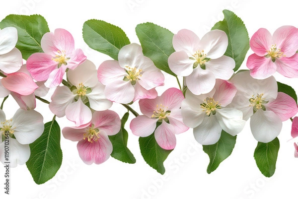 Fototapeta Delicate pink and white apple blossoms arranged in a graceful row, isolated on a pure white background, perfect for spring designs and celebrations.