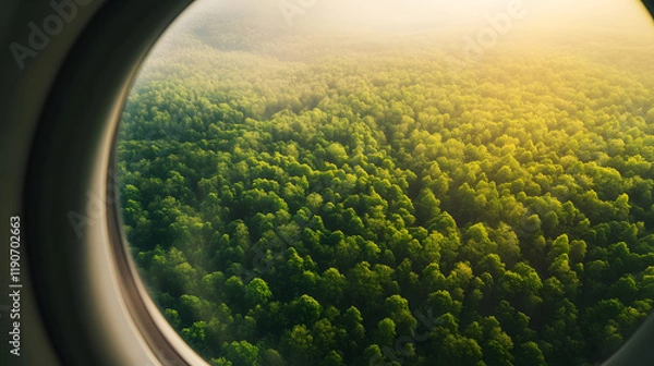 Fototapeta View from the airplane window to a green huge ecologically clean forest