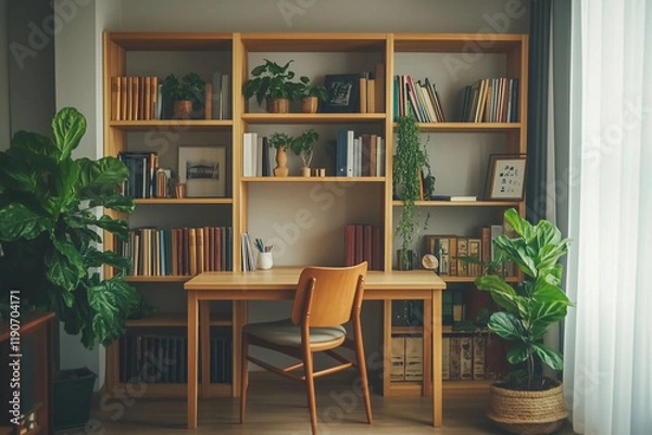 Fototapeta a Nordic-inspired home office with a clean, simple desk and a sleek minimalist chair with built-in bookshelves