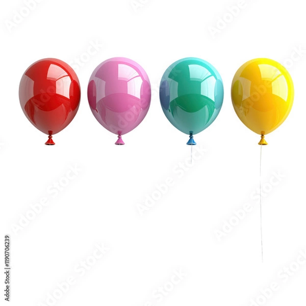 Fototapeta Four vibrant balloons in red, pink, teal, and yellow arranged in a row against a white background, perfect for celebrations and festive designs.