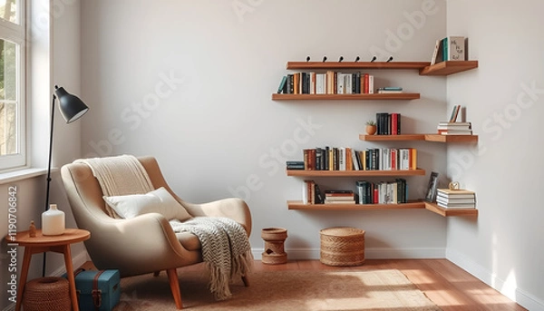 Fototapeta "Cozy Reading Nook with a Comfortable Armchair, Soft Throws, and Floating Bookshelves, Creating a Warm and Inviting Space for Reading and Relaxation – Perfect for Home Decor Photography"