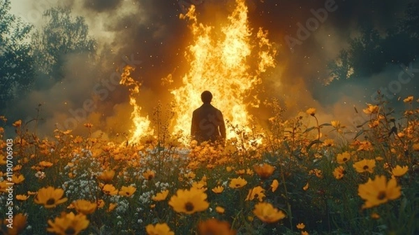 Fototapeta Cinematic Scene of Man in Dark Field with Burning Head, Surrounded by Smoke and Haze