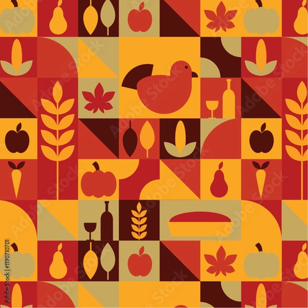 Obraz Autumn, thanksgiving pattern, background, fall, harvest, bauhaus, modern, abstract, geometrical, colorful vector illustration. 