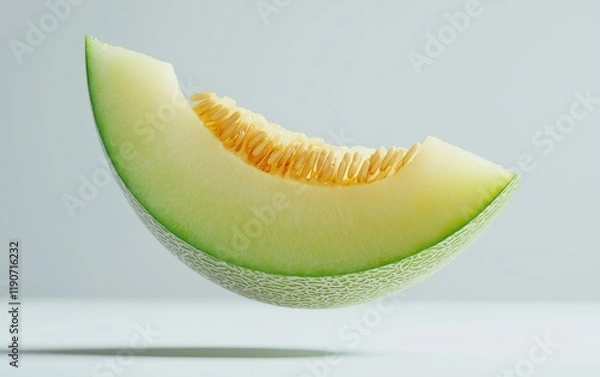 Fototapeta A wedge of honeydew melon hovering mid-air, its light green flesh contrasting softly on a white surface