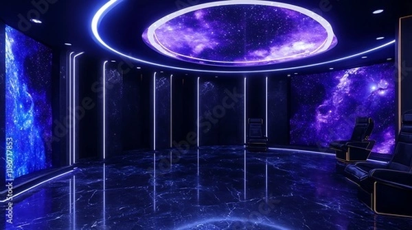 Obraz Futuristic space-themed room with glowing walls and starry ceiling, ideal for sci-fi settings