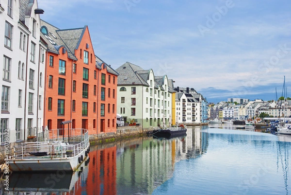 Fototapeta Alesund city on a summer day, Norway. View of colorful Art Nouveau architecture port