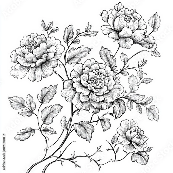 Fototapeta A delicate illustration showcases peony flowers in full bloom with detailed petals and leaves. The elegant design highlights the beauty of nature in a minimalist style