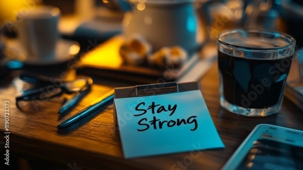 Fototapeta Inspiring Home Office Desk Scene with Coffee, Note, and Accessories to Motivate Productivity and Encourage Positive Mindset During Challenging Times