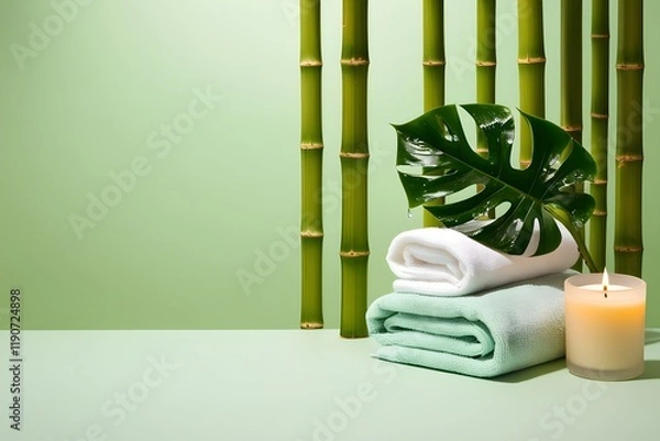 Fototapeta soft green bamboo spa background with monstera leaf and towels for wellness design