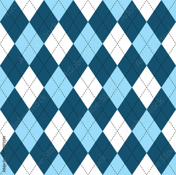 Fototapeta Seamless argyle pattern in dark blue, soft blue & white with black stitch. 
